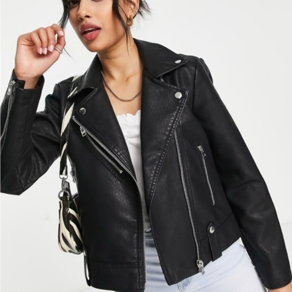 Topshop BLACK Faux Leather Biker Moto Classic Minimalist Jacket Size 4 - Picture 1 of 13